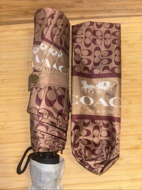 Coach Foldable Umbrella in Brown and Burgundy Signature Print